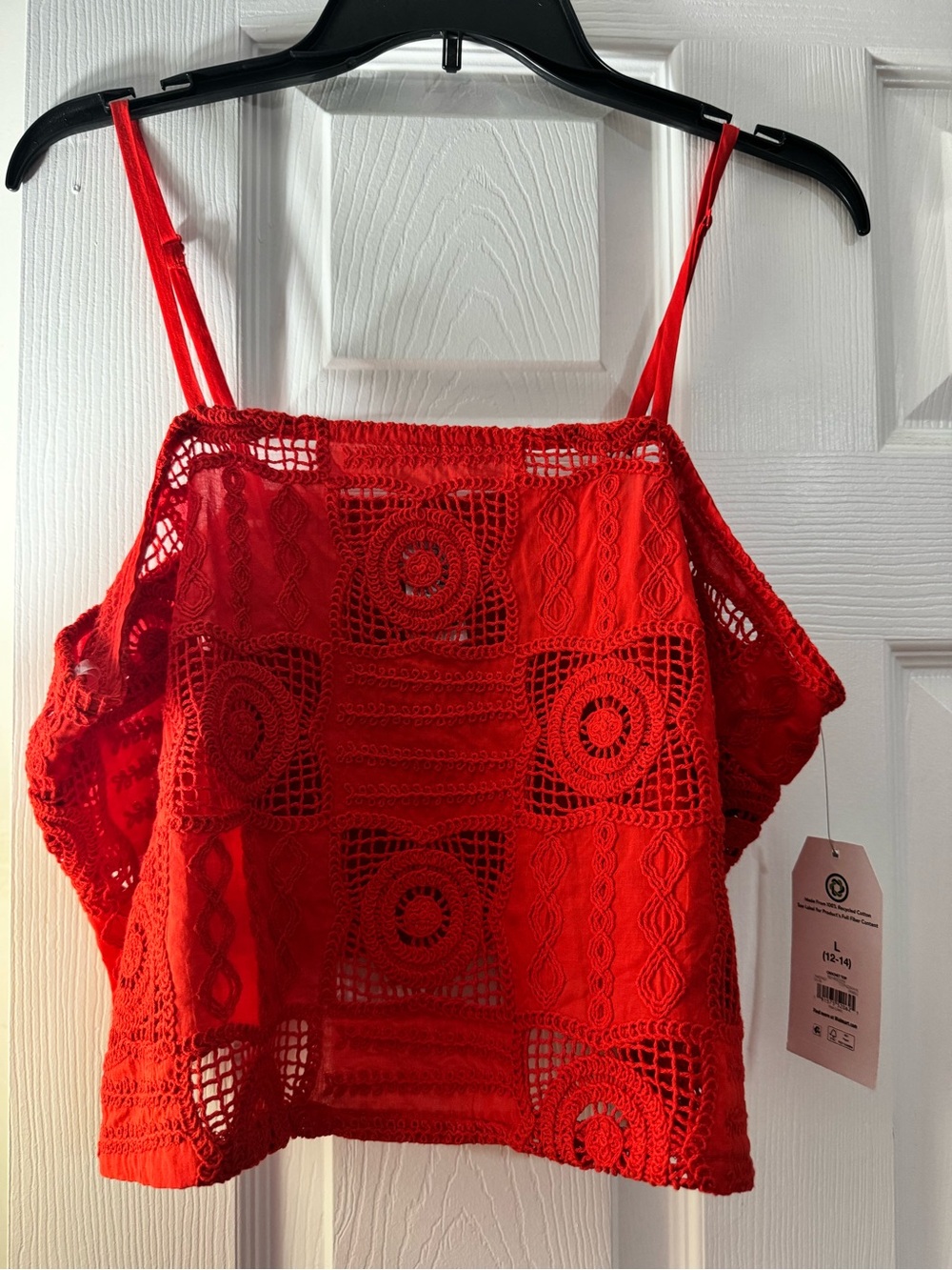Red Crochet Square-Panel Crop Cami Top